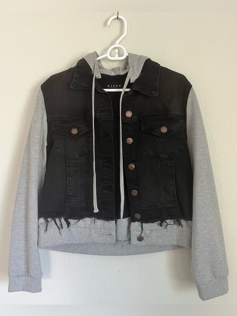 Risen Black Denim Jacket with Gray Hoodie Sleeves